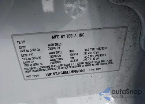 2021 Tesla Model Y Long Range Dual Motor All-Wheel Drive from USA, damaged, VIN 5YJYGDEE6MF090644